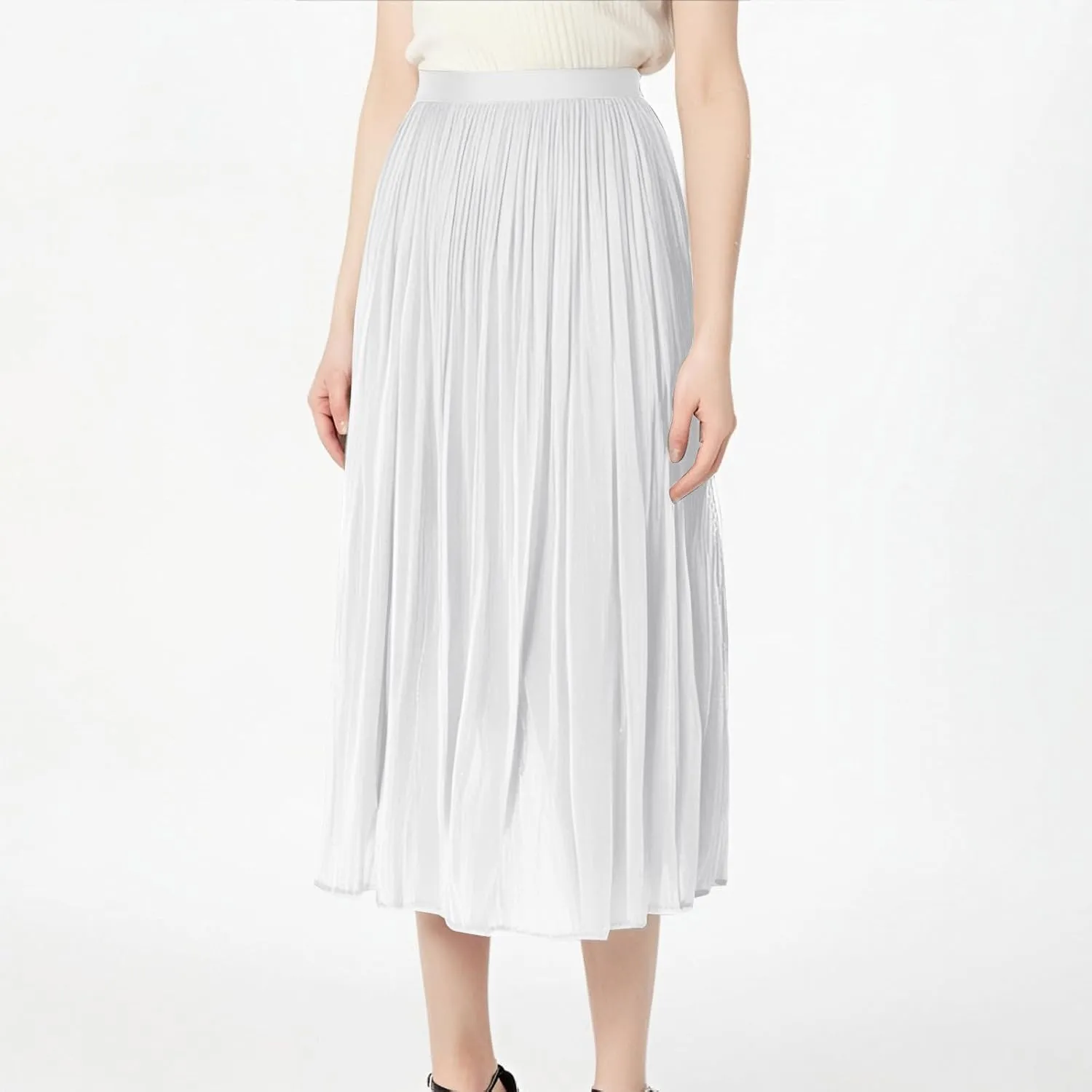 Ladies Trendy Elegant Tulle Skirt Pleated High Waist Tummy Control Midi Skirts Party Dance A-Line Swing Skirt Dress