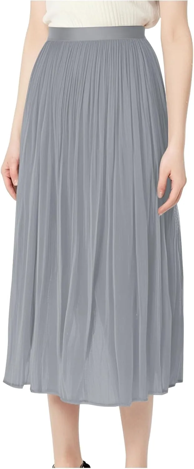 Ladies Trendy Elegant Tulle Skirt Pleated High Waist Tummy Control Midi Skirts Party Dance A-Line Swing Skirt Dress