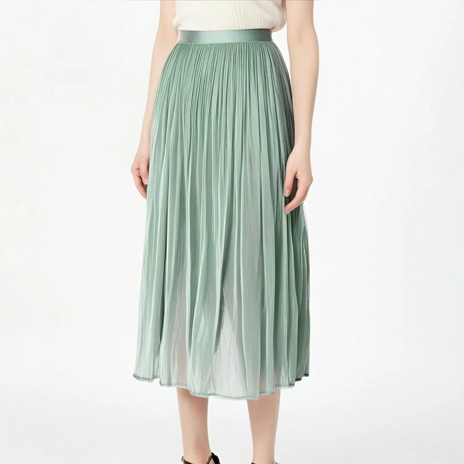 Ladies Trendy Elegant Tulle Skirt Pleated High Waist Tummy Control Midi Skirts Party Dance A-Line Swing Skirt Dress