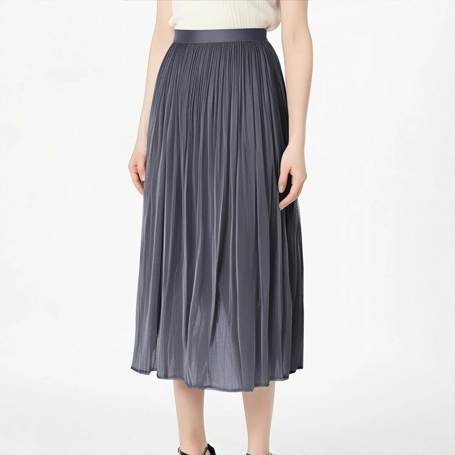 Ladies Trendy Elegant Tulle Skirt Pleated High Waist Tummy Control Midi Skirts Party Dance A-Line Swing Skirt Dress