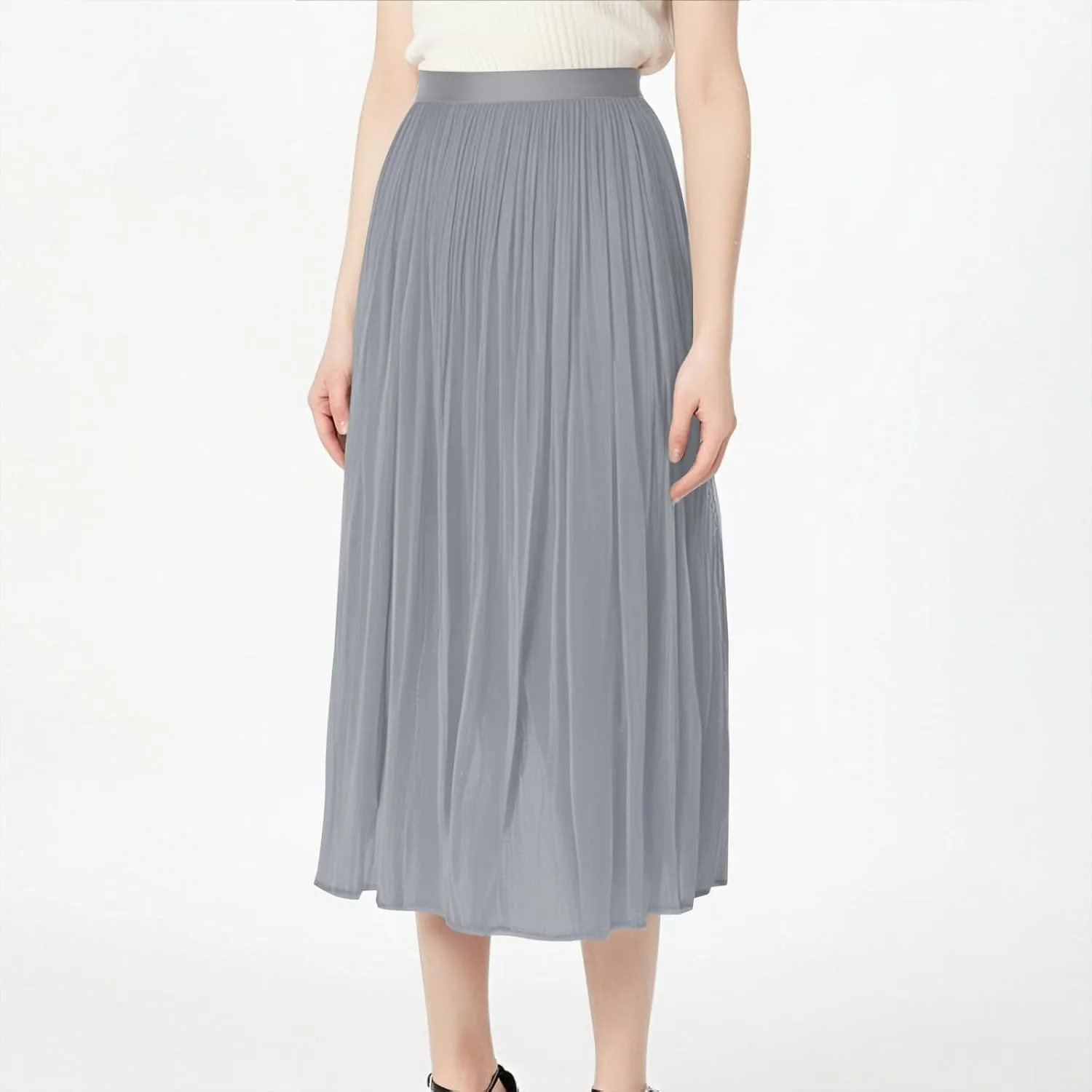Ladies Trendy Elegant Tulle Skirt Pleated High Waist Tummy Control Midi Skirts Party Dance A-Line Swing Skirt Dress