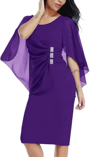 LALAGEN Womens Chiffon Plus Size Ruffle Flattering Cape Sleeve Bodycon Party Pencil Dress Purple XXXL