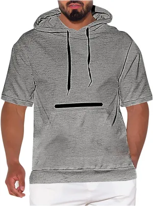 Lightweight Hoodie Men Running Waffle Knit Drawstring Hoodies Pullover Breathable Short Sleeve with Kangaroo Pocket