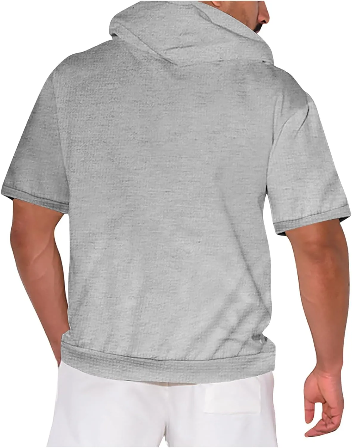 Lightweight Hoodie Men Running Waffle Knit Drawstring Hoodies Pullover Breathable Short Sleeve with Kangaroo Pocket