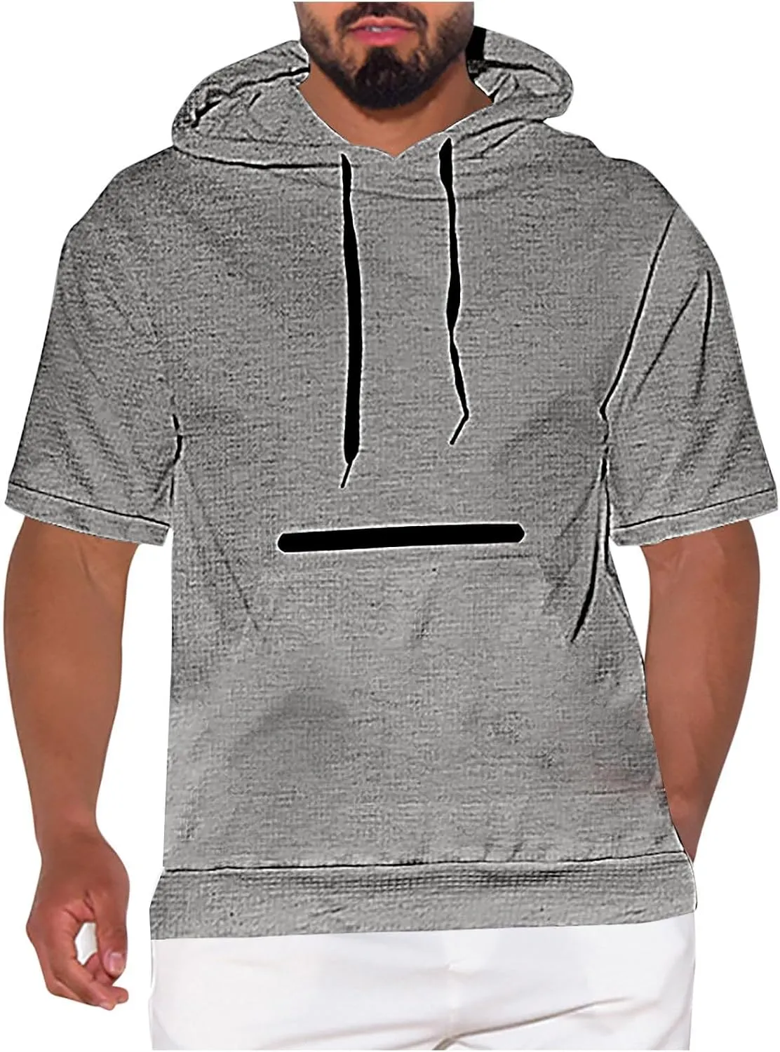 Lightweight Hoodie Men Running Waffle Knit Drawstring Hoodies Pullover Breathable Short Sleeve with Kangaroo Pocket