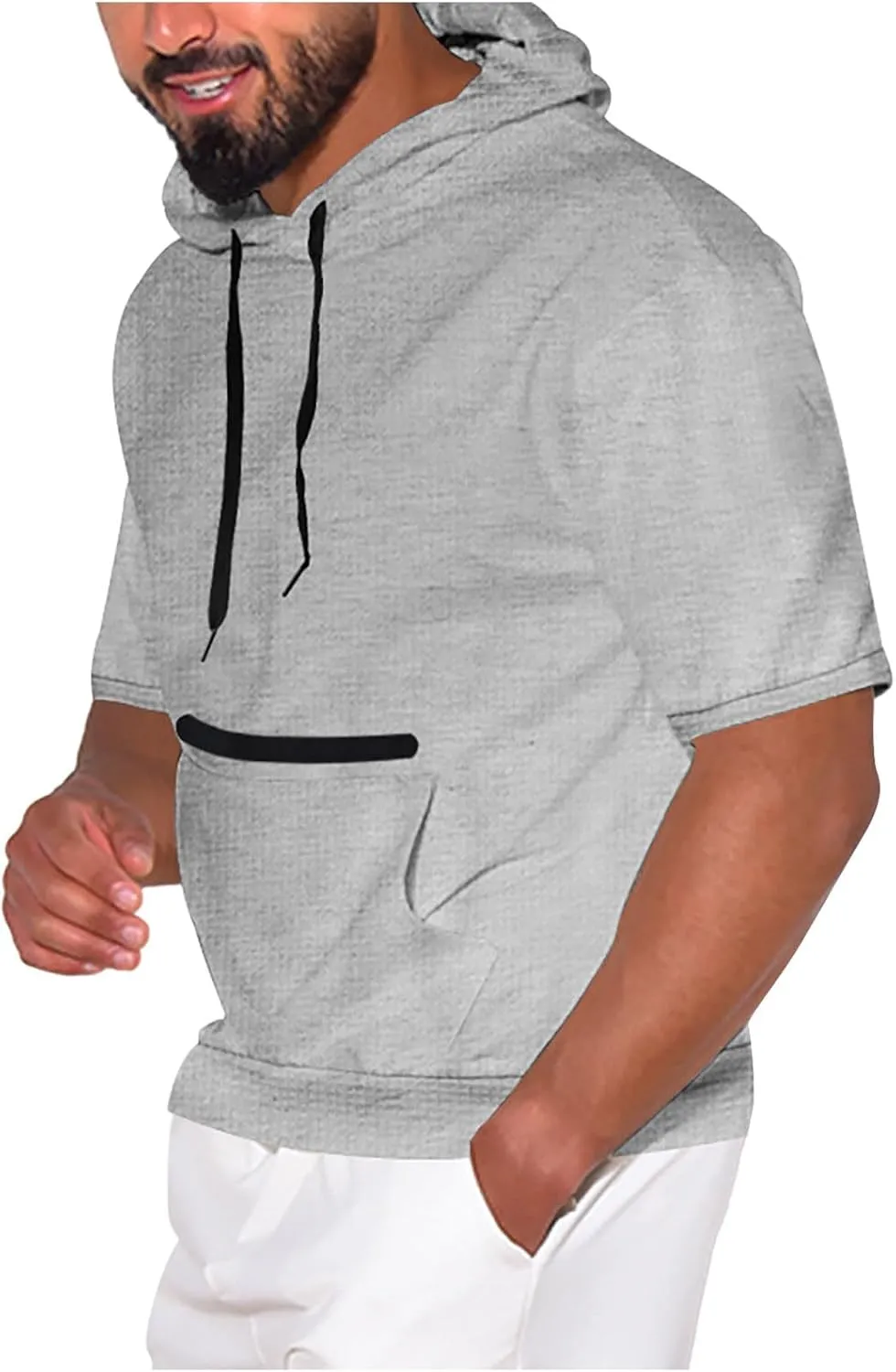 Lightweight Hoodie Men Running Waffle Knit Drawstring Hoodies Pullover Breathable Short Sleeve with Kangaroo Pocket