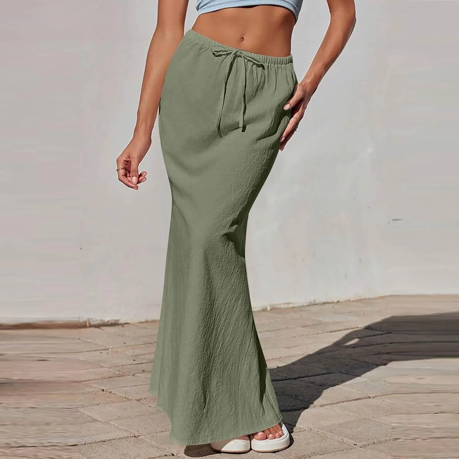 Linen Flared Maxi Skirt with Back Slit - Elastic Waist Drawstring Long Flowy Ankle-Length Skirt with Side Pockets