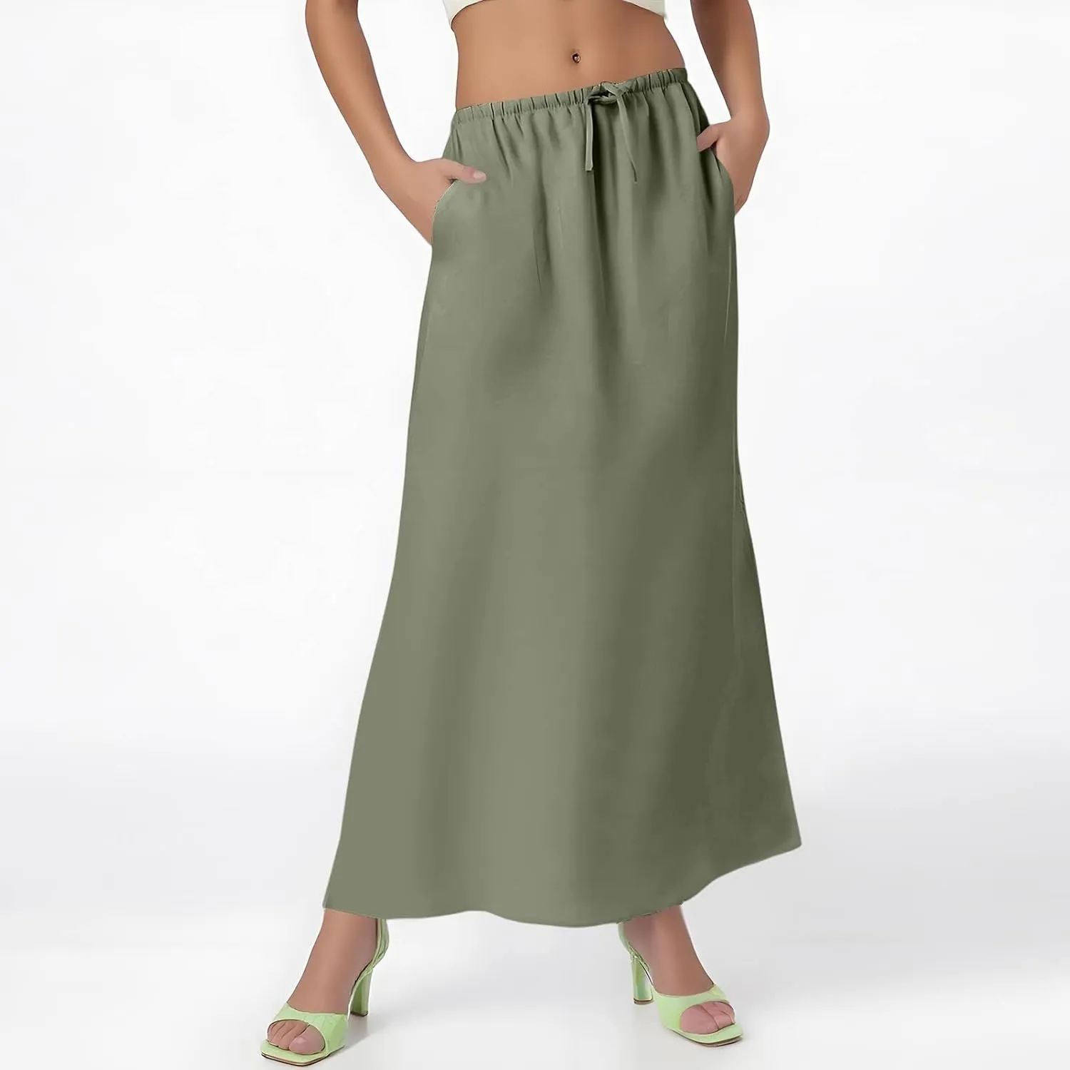 Linen Flared Maxi Skirt with Back Slit - Elastic Waist Drawstring Long Flowy Ankle-Length Skirt with Side Pockets