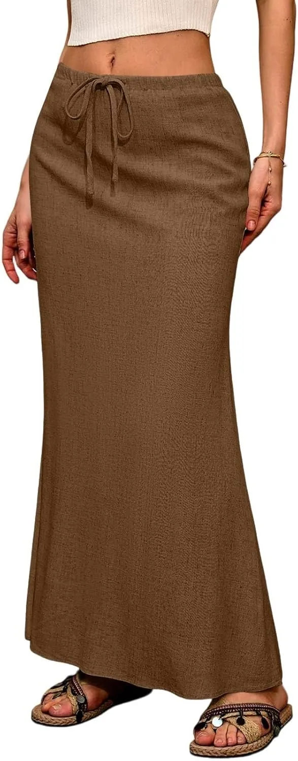 Linen Flared Maxi Skirt with Back Slit - Elastic Waist Drawstring Long Flowy Ankle-Length Skirt with Side Pockets