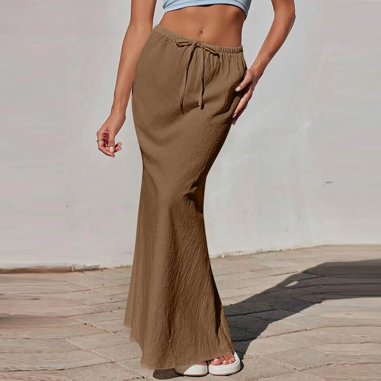 Linen Flared Maxi Skirt with Back Slit - Elastic Waist Drawstring Long Flowy Ankle-Length Skirt with Side Pockets