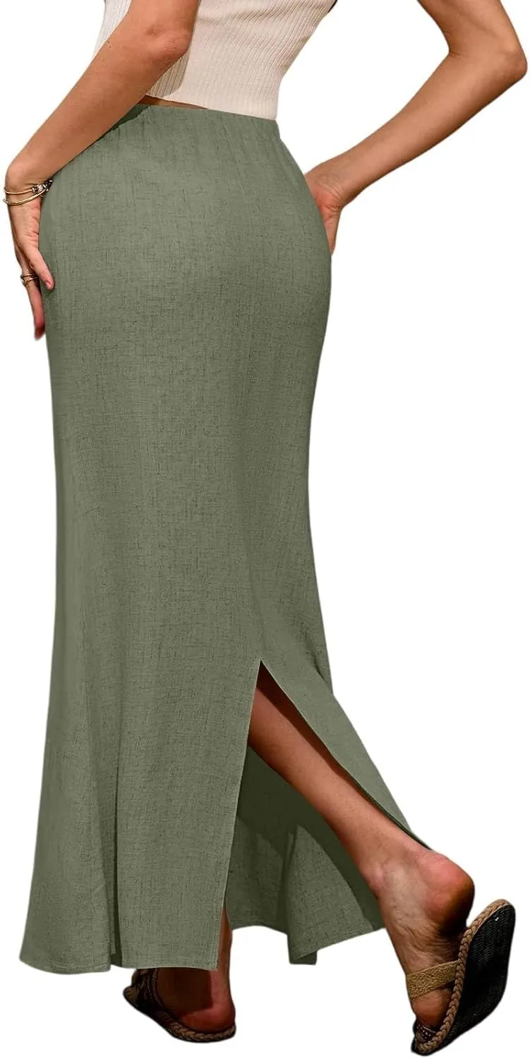 Linen Flared Maxi Skirt with Back Slit - Elastic Waist Drawstring Long Flowy Ankle-Length Skirt with Side Pockets