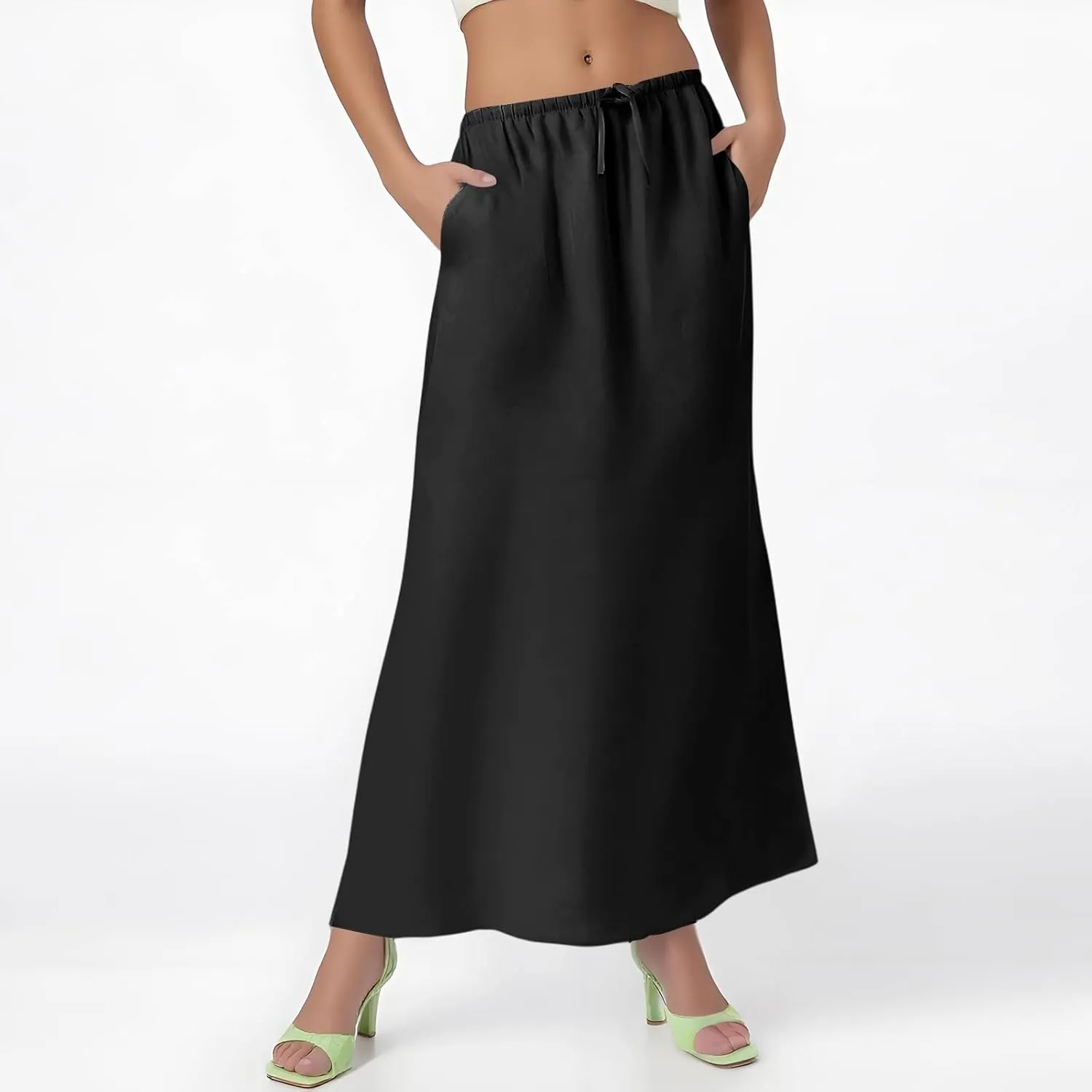 Linen Flared Maxi Skirt with Back Slit - Elastic Waist Drawstring Long Flowy Ankle-Length Skirt with Side Pockets