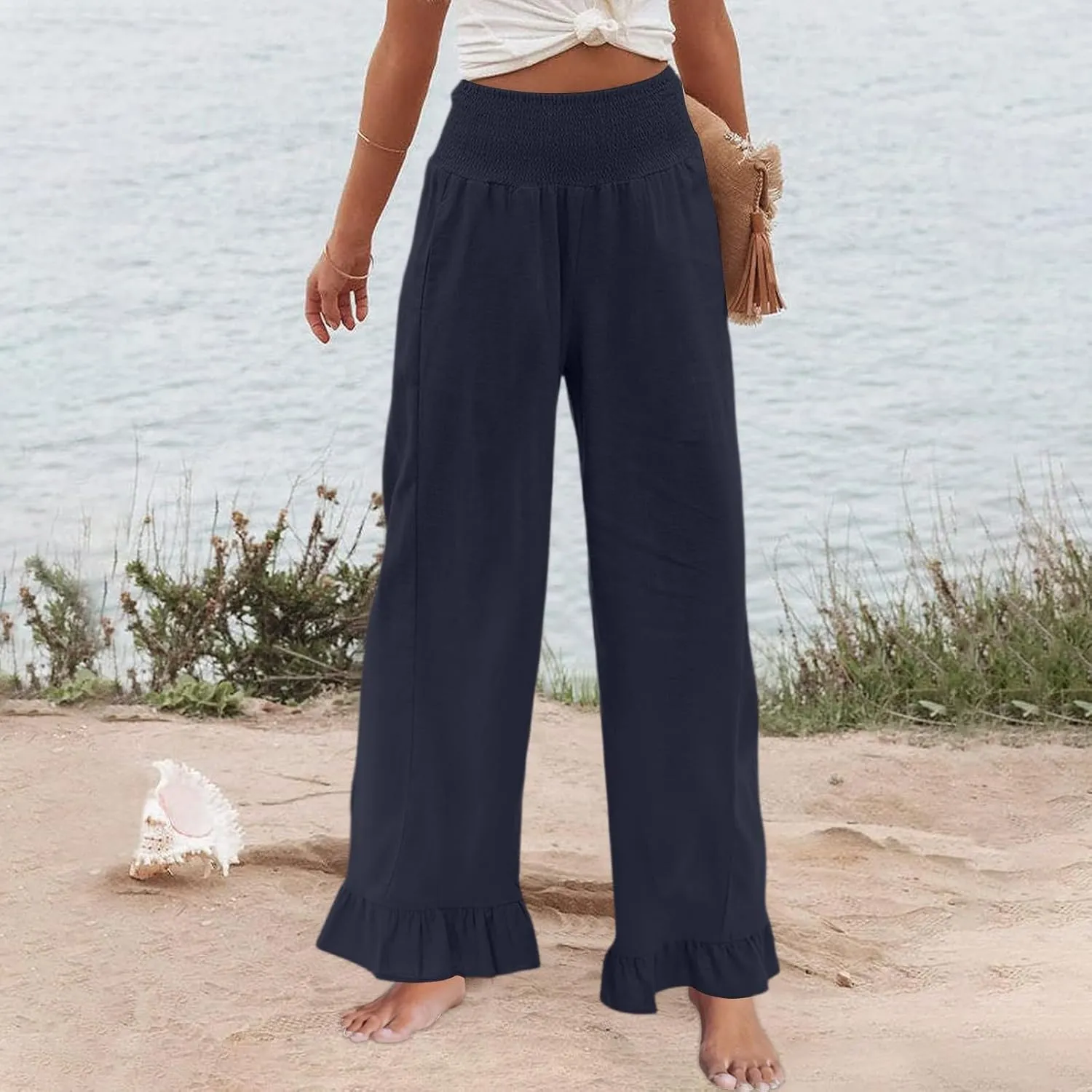 Linen Pants for Women 2025 Summer Smocked High Waisted Wide Leg Pants Loose Fit Casual Flowy Palazzo with Pockets