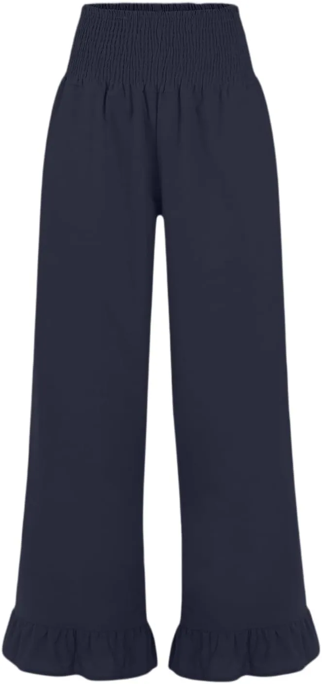 Linen Pants for Women 2025 Summer Smocked High Waisted Wide Leg Pants Loose Fit Casual Flowy Palazzo with Pockets