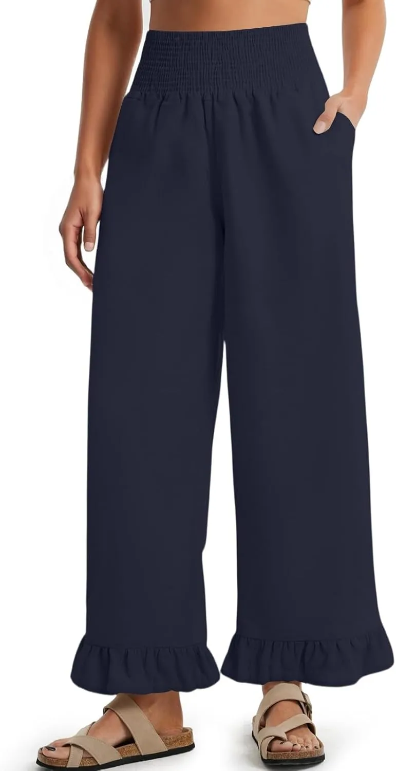 Linen Pants for Women 2025 Summer Smocked High Waisted Wide Leg Pants Loose Fit Casual Flowy Palazzo with Pockets