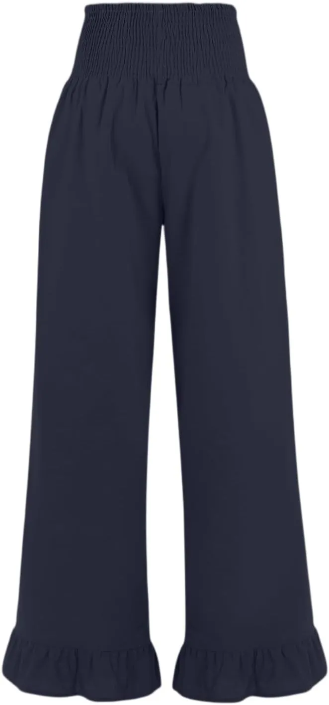 Linen Pants for Women 2025 Summer Smocked High Waisted Wide Leg Pants Loose Fit Casual Flowy Palazzo with Pockets