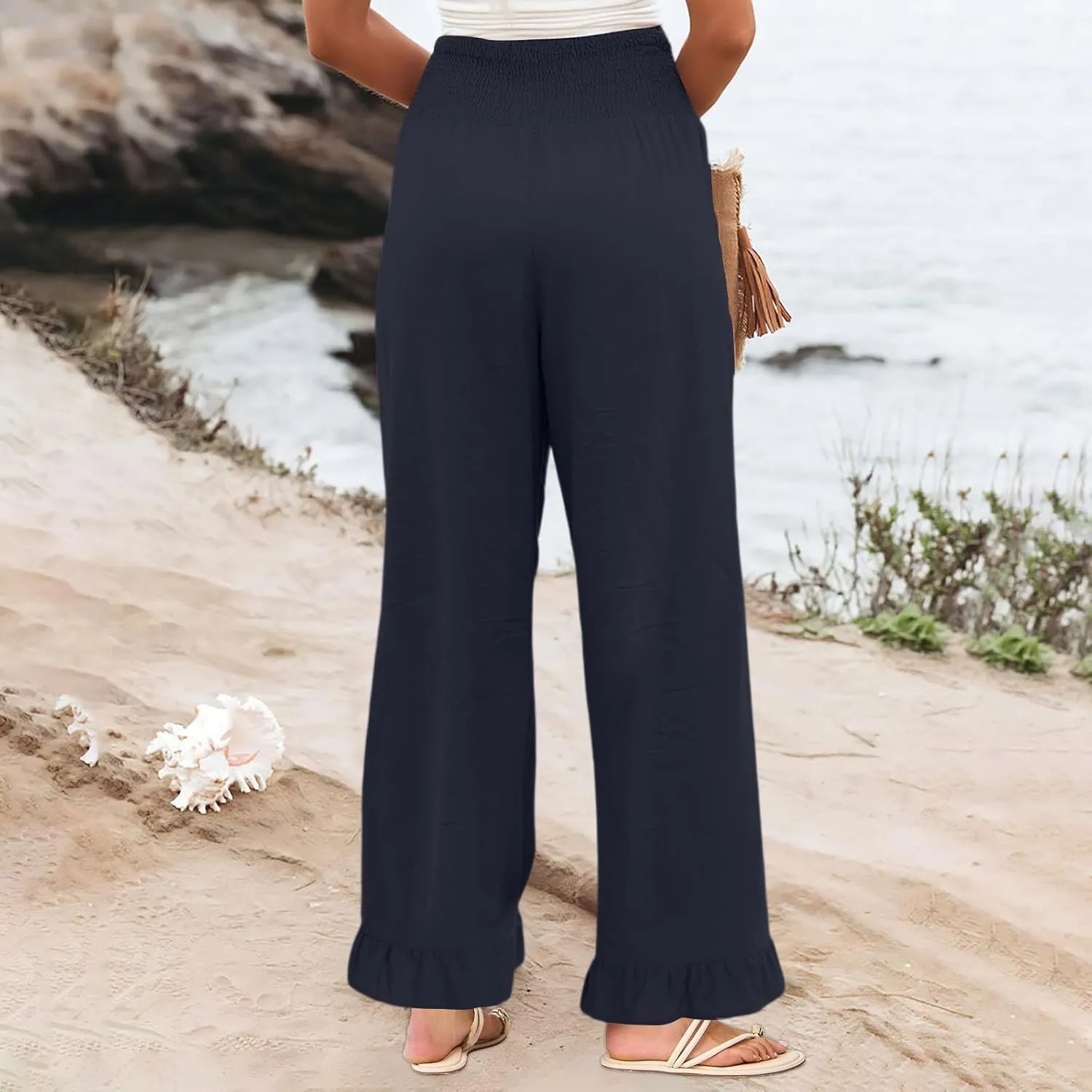 Linen Pants for Women 2025 Summer Smocked High Waisted Wide Leg Pants Loose Fit Casual Flowy Palazzo with Pockets