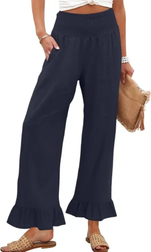 Linen Pants for Women 2025 Summer Smocked High Waisted Wide Leg Pants Loose Fit Casual Flowy Palazzo with Pockets