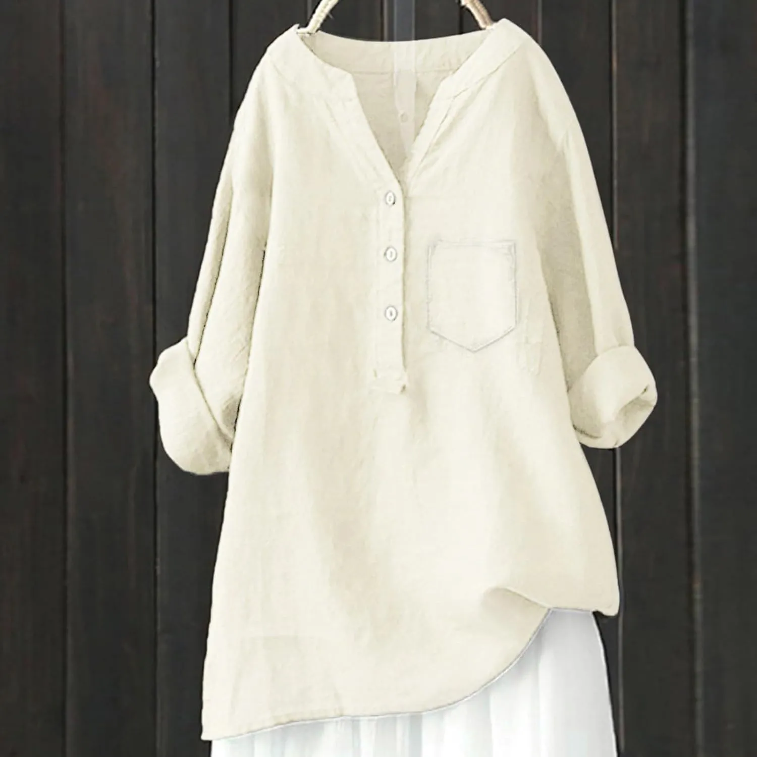 Linen Shirts for Women 3/4 Sleeve V Neck Blouses Buttons Plus Size Loose Fit T-Shirts Solid Color Summer Holiday Tops