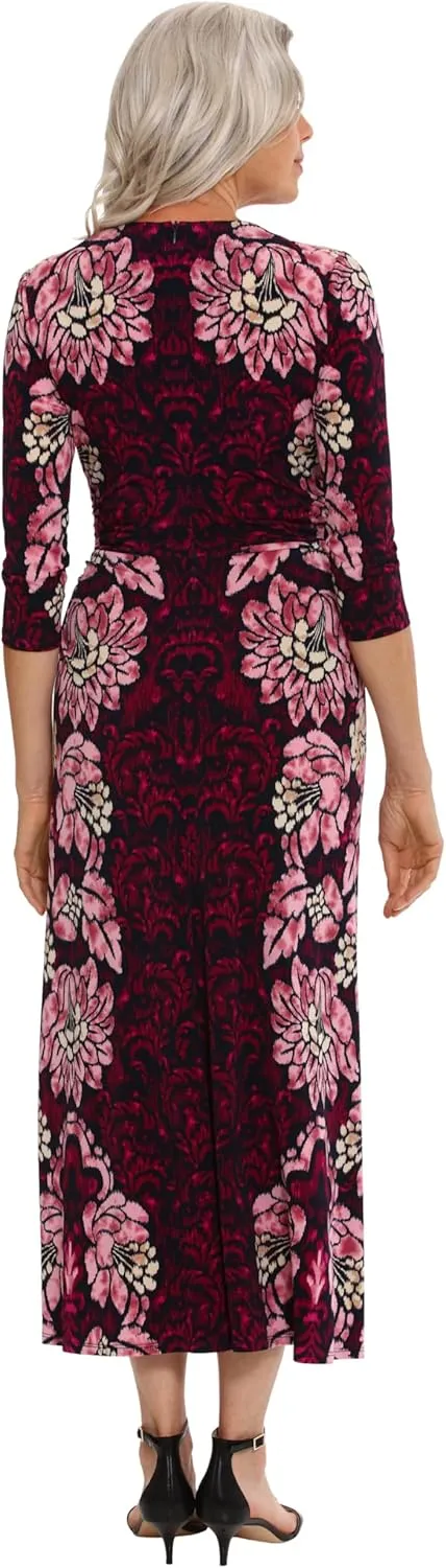 London Times Women's Jewel Neck 3/4 Sleeve Maxi Dress Flattering Placement Event Occasion