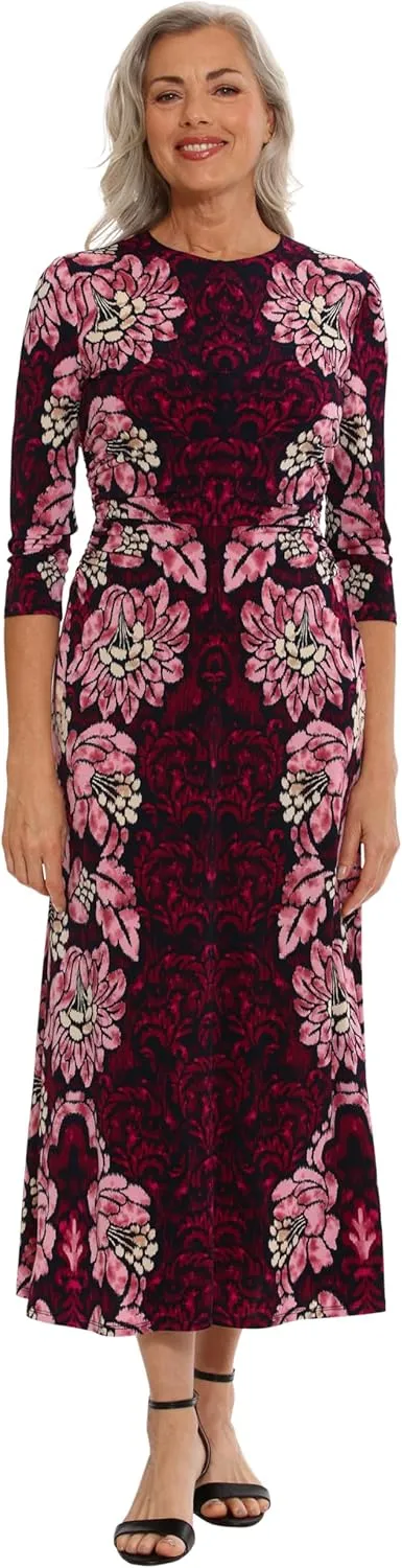 London Times Women's Jewel Neck 3/4 Sleeve Maxi Dress Flattering Placement Event Occasion