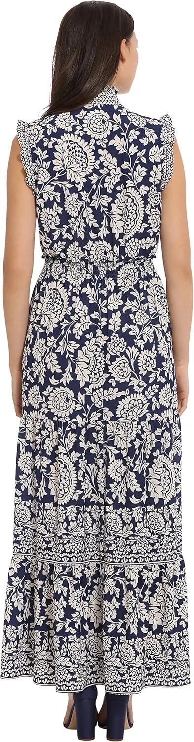 London Times Women's Smocked Waist Boho Flattering Ruffle Maxi