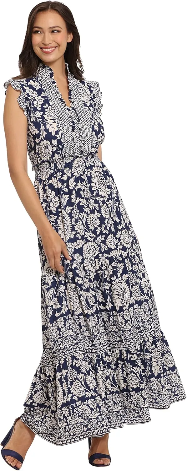 London Times Women's Smocked Waist Boho Flattering Ruffle Maxi