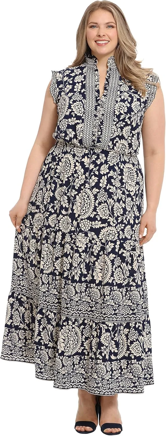 London Times Women's Smocked Waist Boho Flattering Ruffle Maxi