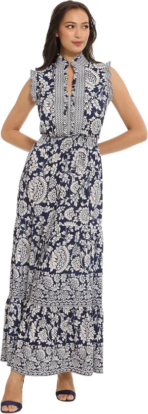 London Times Women's Smocked Waist Boho Flattering Ruffle Maxi