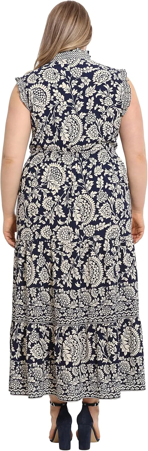London Times Women's Smocked Waist Boho Flattering Ruffle Maxi