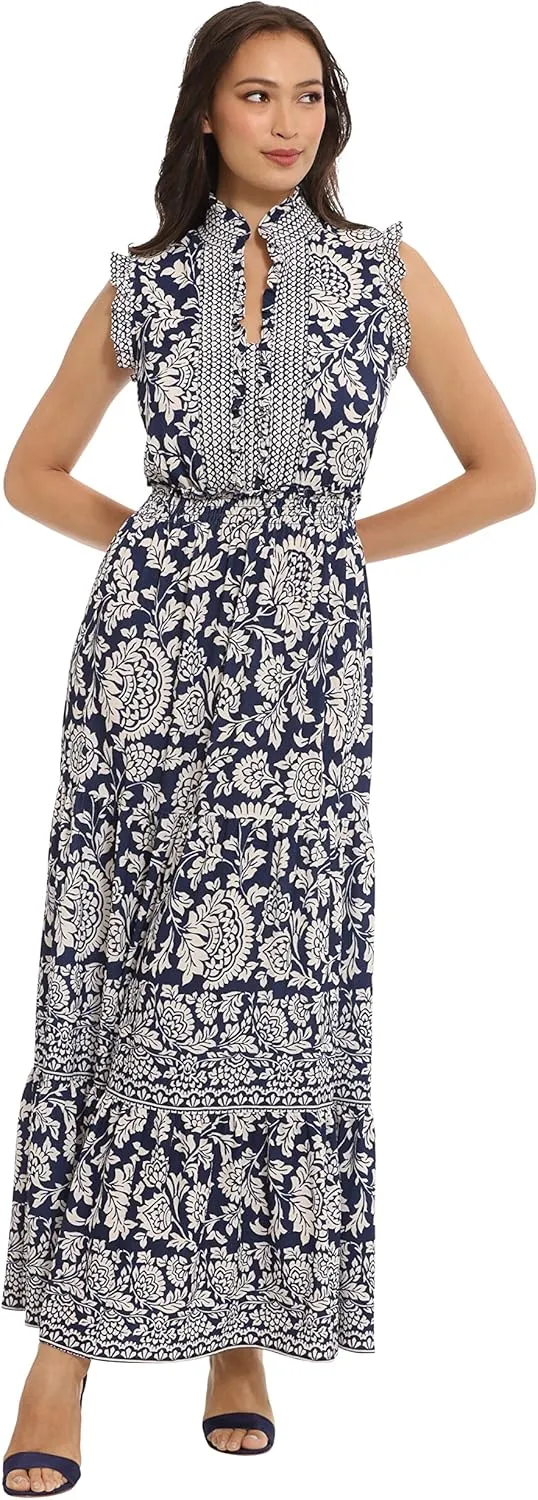 London Times Women's Smocked Waist Boho Flattering Ruffle Maxi