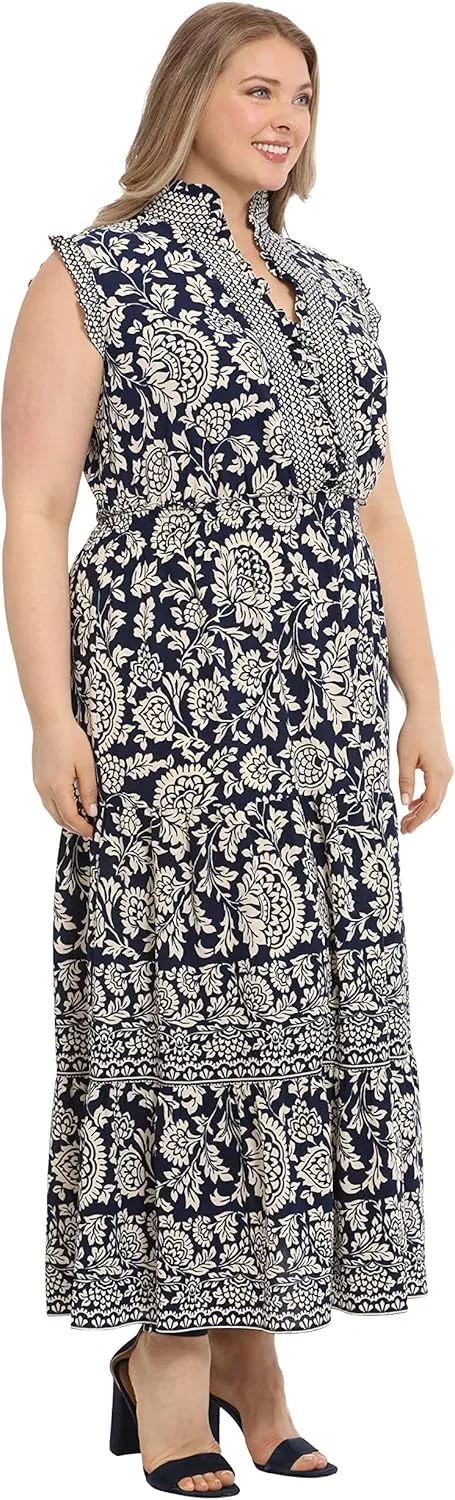 London Times Women's Smocked Waist Boho Flattering Ruffle Maxi
