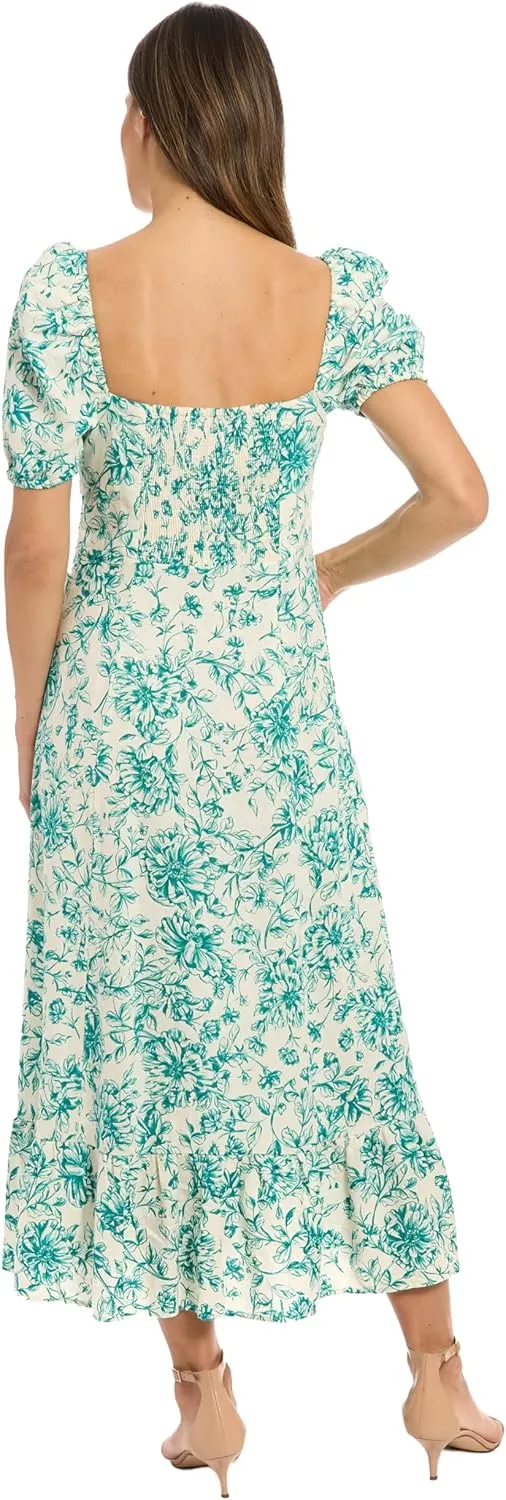 London Times Women's Square Neck Smocked Back Linen Blend Flattering Versatile Spring Summer Garden Party Dress