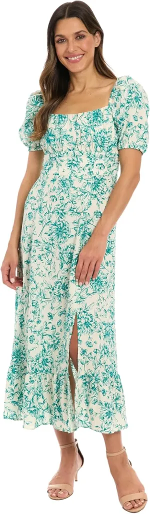 London Times Women's Square Neck Smocked Back Linen Blend Flattering Versatile Spring Summer Garden Party Dress