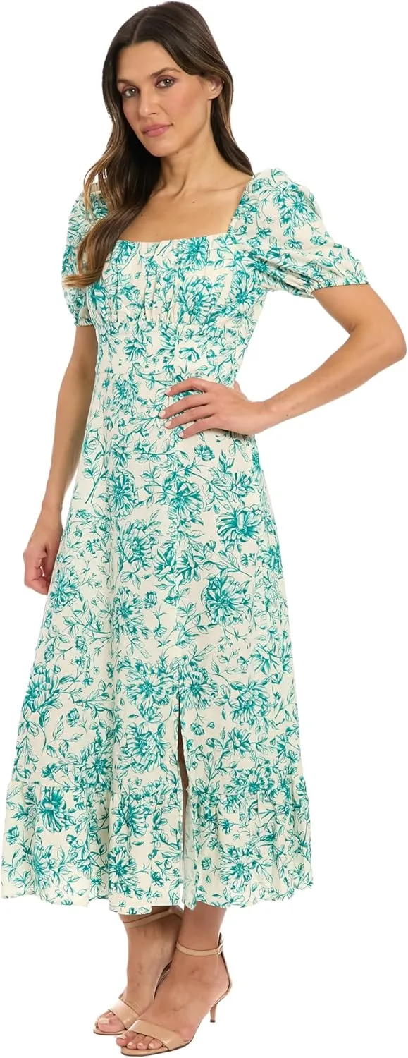 London Times Women's Square Neck Smocked Back Linen Blend Flattering Versatile Spring Summer Garden Party Dress