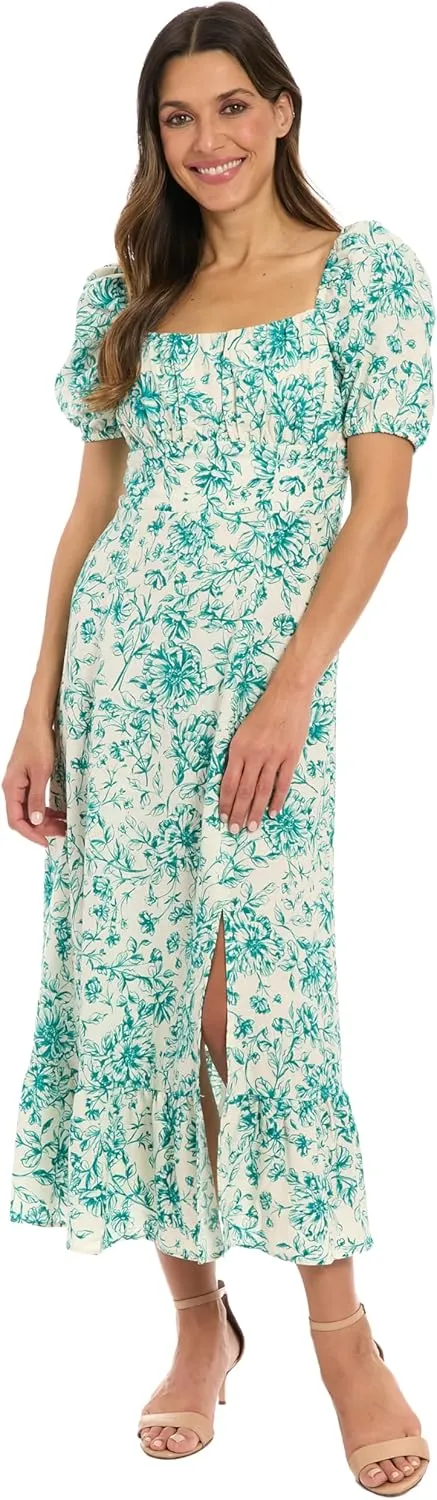 London Times Women's Square Neck Smocked Back Linen Blend Flattering Versatile Spring Summer Garden Party Dress