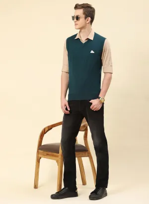 Men Teal Blue Solid Blend wool Sweater