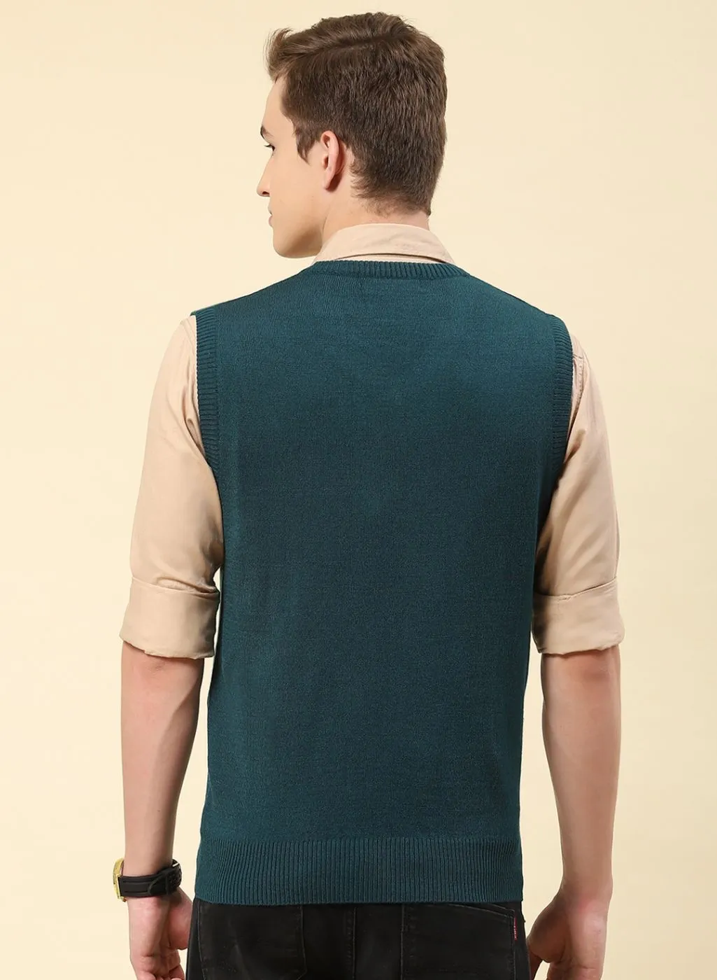 Men Teal Blue Solid Blend wool Sweater