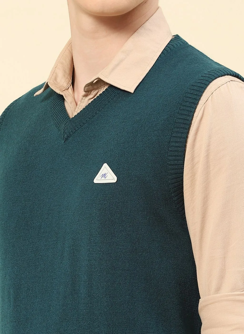 Men Teal Blue Solid Blend wool Sweater
