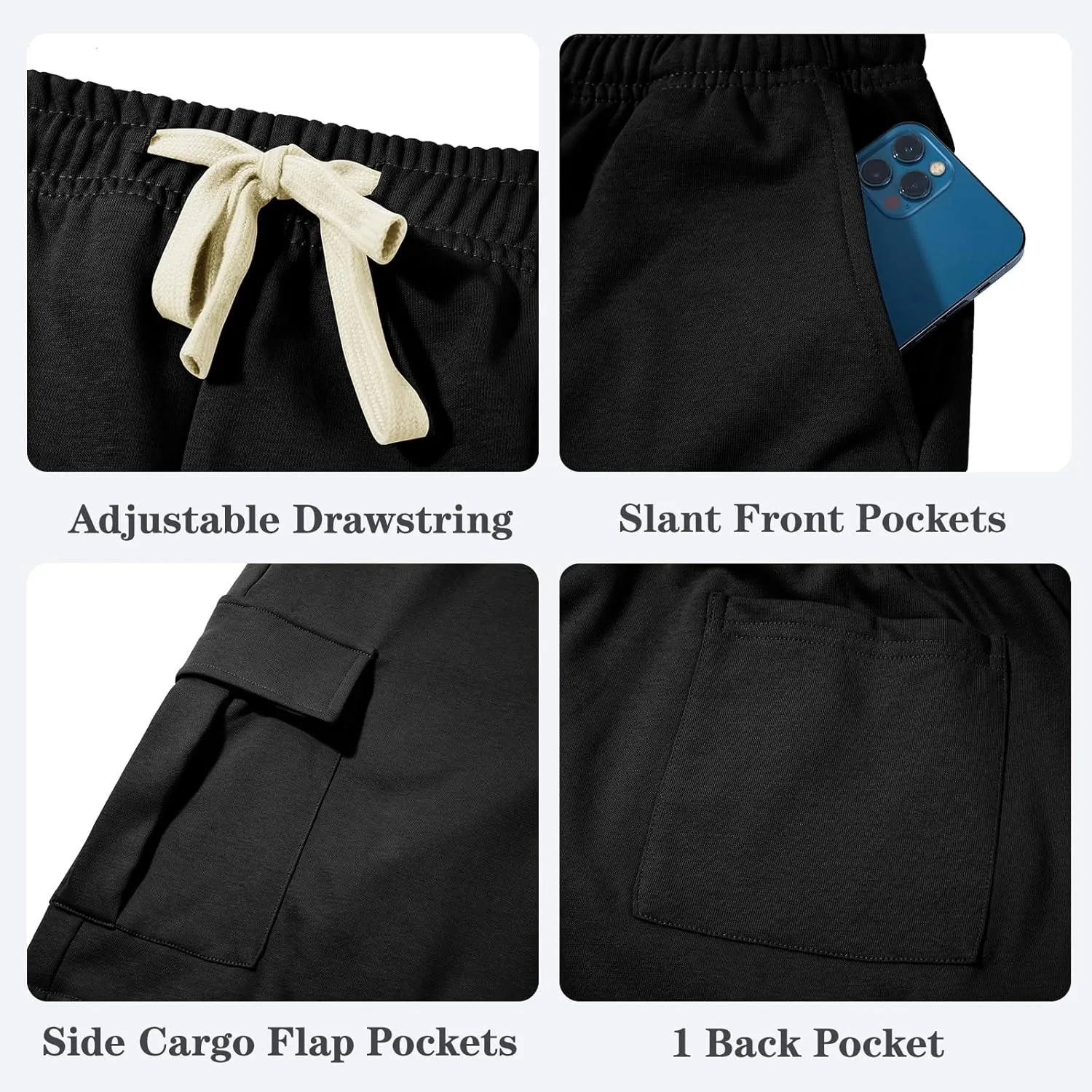 Mens Casual Cargo Shorts Cotton Elastic Waist Drawstring Sweat Shorts Gym Workout Jogger Shorts