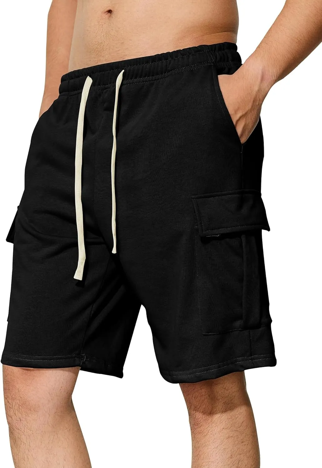 Mens Casual Cargo Shorts Cotton Elastic Waist Drawstring Sweat Shorts Gym Workout Jogger Shorts