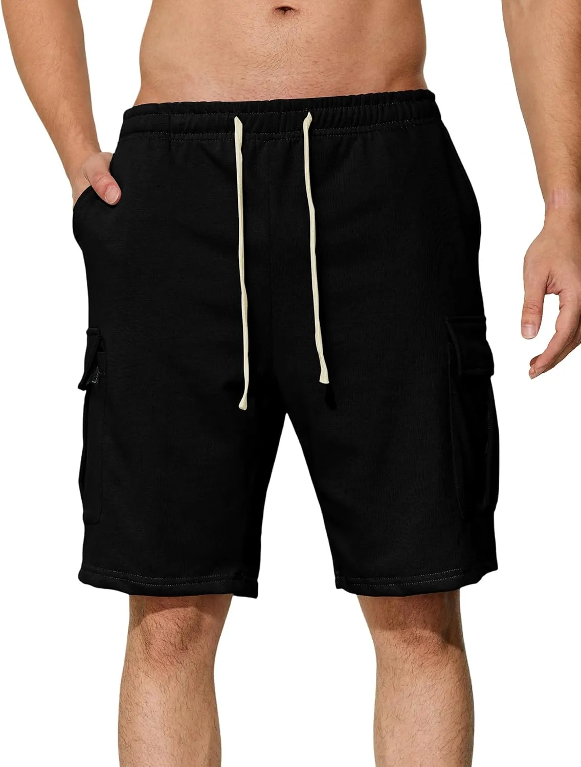 Mens Casual Cargo Shorts Cotton Elastic Waist Drawstring Sweat Shorts Gym Workout Jogger Shorts