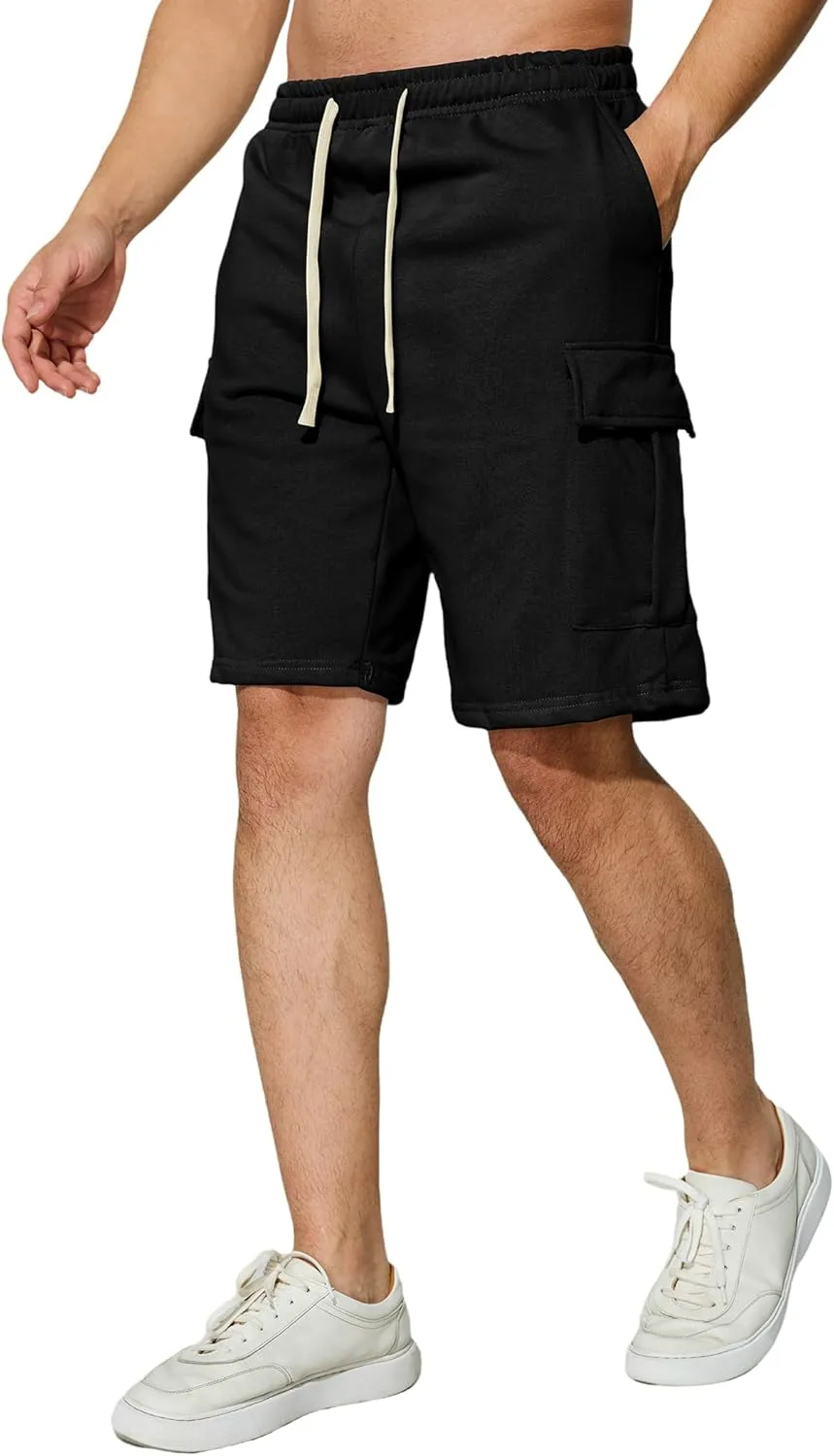 Mens Casual Cargo Shorts Cotton Elastic Waist Drawstring Sweat Shorts Gym Workout Jogger Shorts