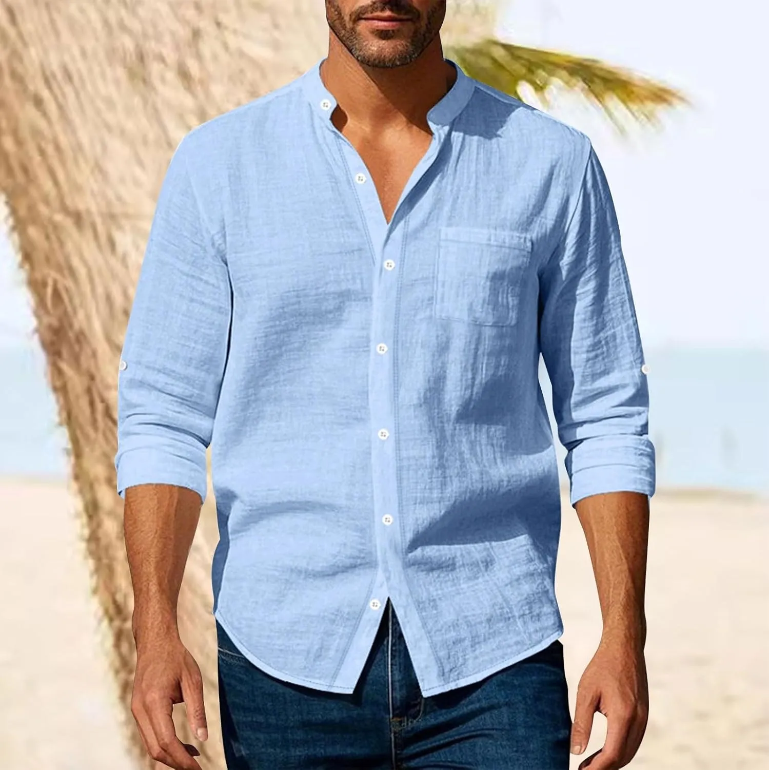 Mens Cotton Linen Shirt Long Sleeve Collarless Casual Button Down Shirt Lightweight Breathable Beach Tops