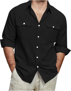 Mens Cotton Linen Shirts Casual Long Sleeve Button Down Shirt Beach Vacation Lightweight Breathable Blouses