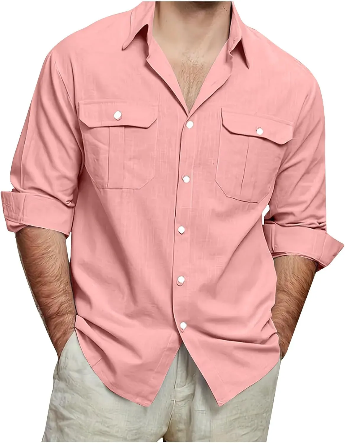 Mens Cotton Linen Shirts Casual Long Sleeve Button Down Shirt Beach Vacation Lightweight Breathable Blouses