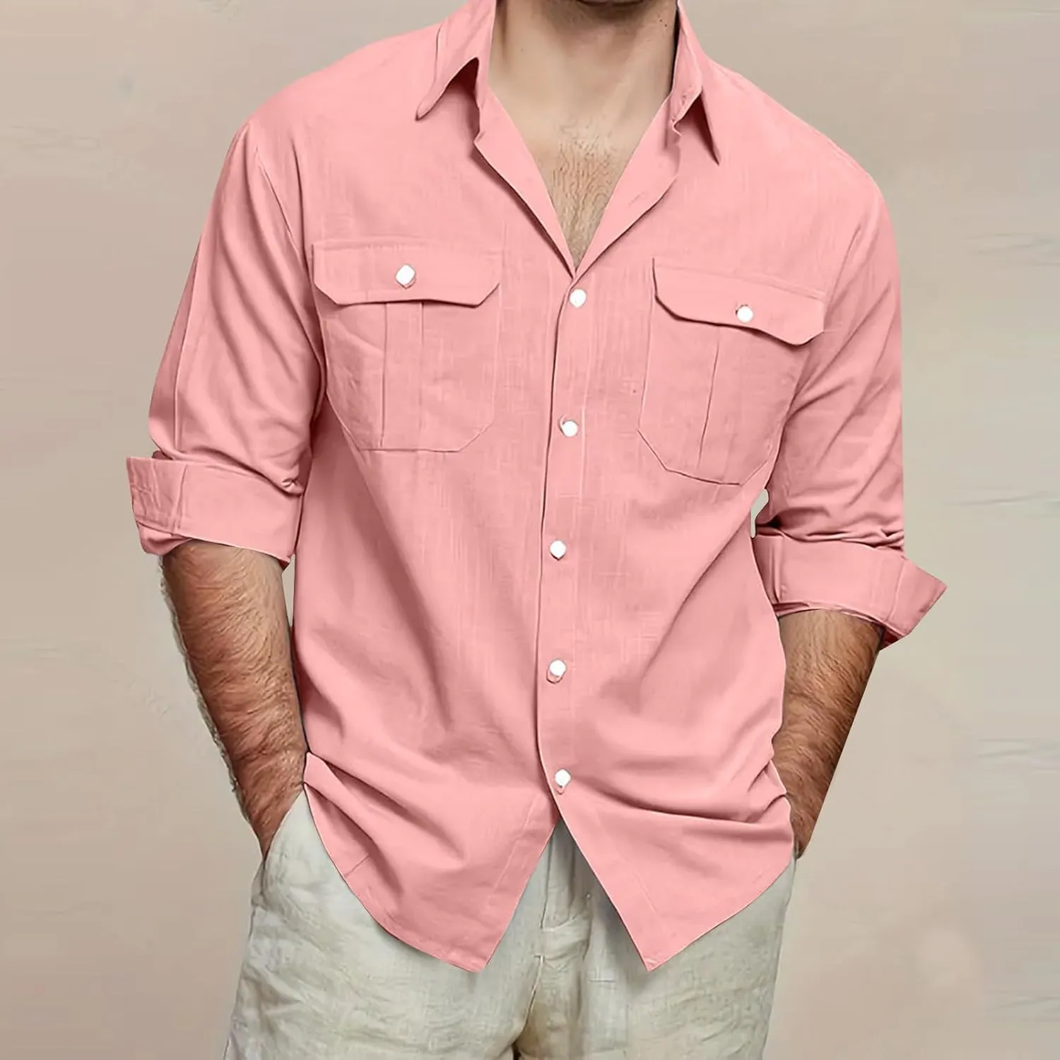 Mens Cotton Linen Shirts Casual Long Sleeve Button Down Shirt Beach Vacation Lightweight Breathable Blouses