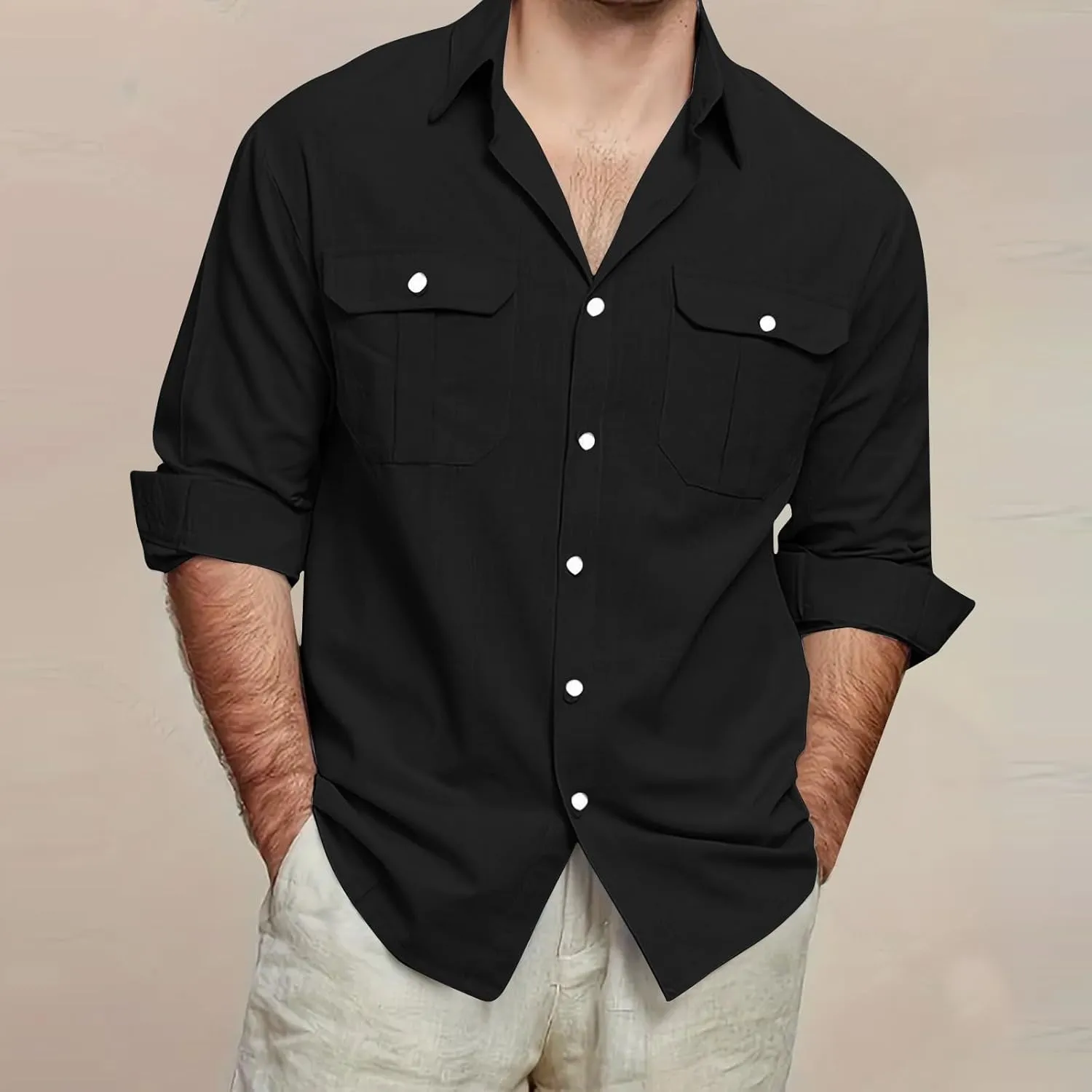 Mens Cotton Linen Shirts Casual Long Sleeve Button Down Shirt Beach Vacation Lightweight Breathable Blouses