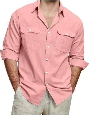 Mens Cotton Linen Shirts Casual Long Sleeve Button Down Shirt Beach Vacation Lightweight Breathable Blouses
