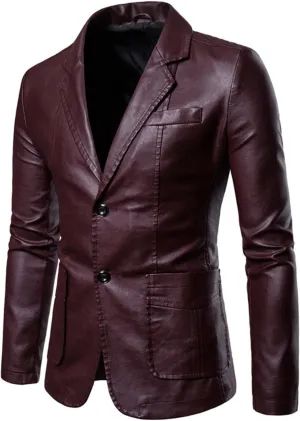 Men's Faux Leather Blazer Slim Fit Notched Lapel Formal Sports Coat Two Button Business Casual Solid Formal Jacket